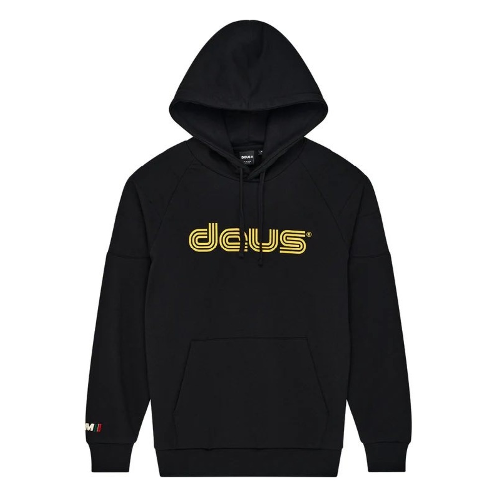 Deus Ex Machina Mens Logo Hoodie Black‎ Yellow Raglan Pullover Sweatshirt M